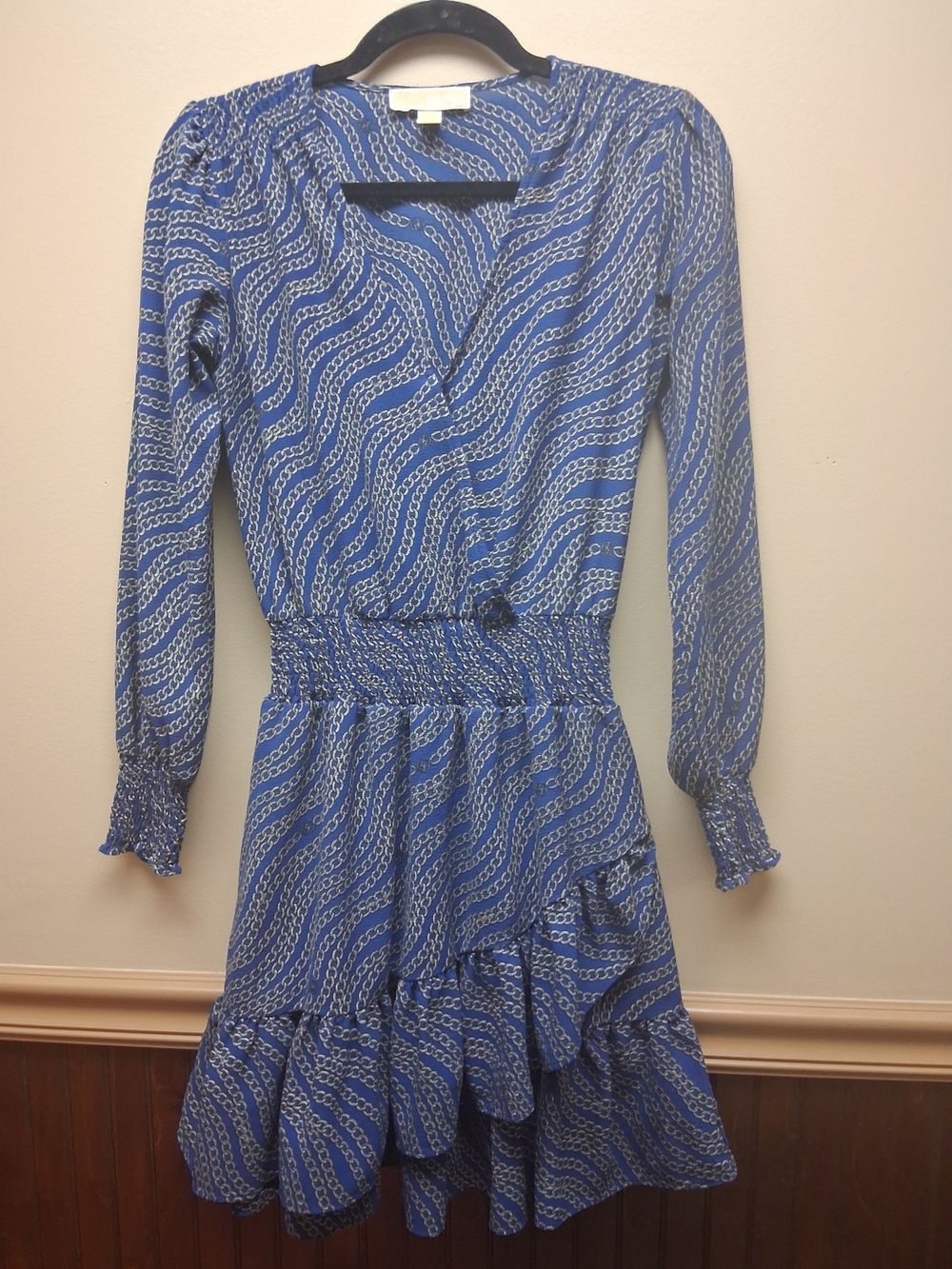 MICHAEL Michael Kors Chain Print Ruffled Faux-Wrap Dress "Twilight Blue" Sz XS